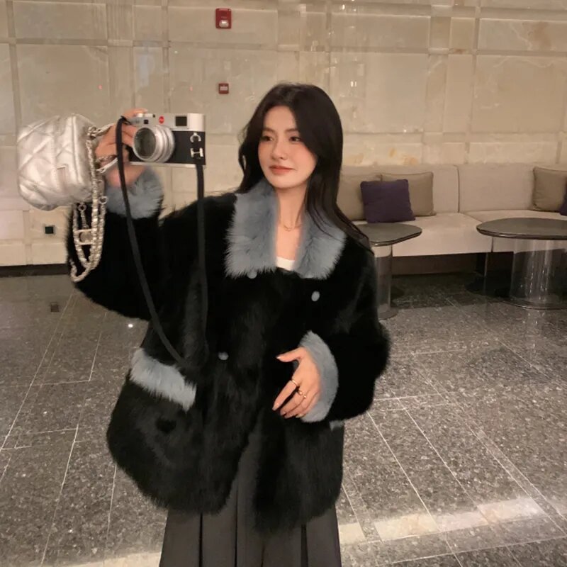 여성용 화이트 블랙 스티치 브이넥 양털 모피 코트, 따뜻한 짧은 재킷, 한국 패션, 럭셔리, 겨울 코트, 2023 신상