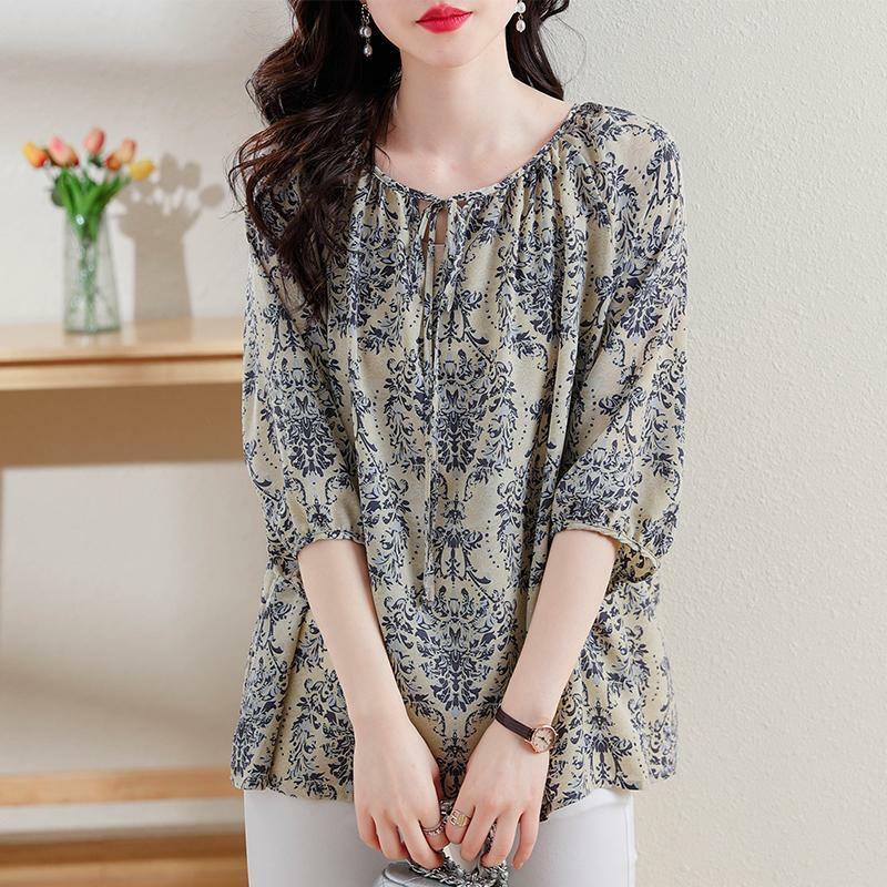 Elegant O-Neck Printed Lace Up Bow Floral Blouses Women's Clothing 2024 Summer New Loose All-match Tops Office Lady Shirts