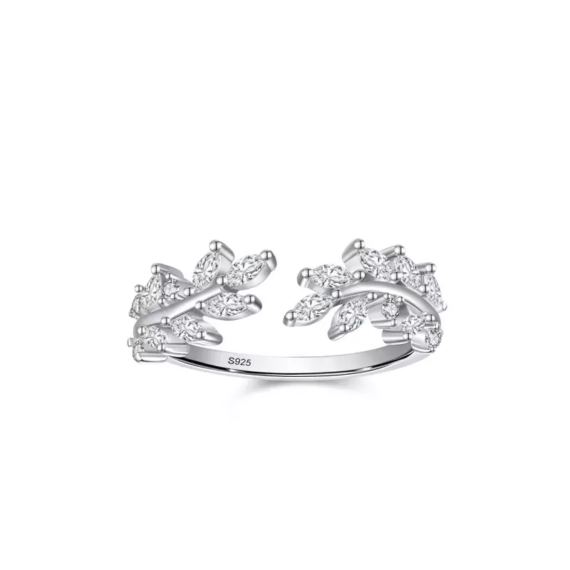 S925 خاتم الماس الفضي الفتح ورقة شجر للنساء ، عصرية ومتعددة الاستخدامات ، نمط الغابات الراقية ، وخلق أنيقة