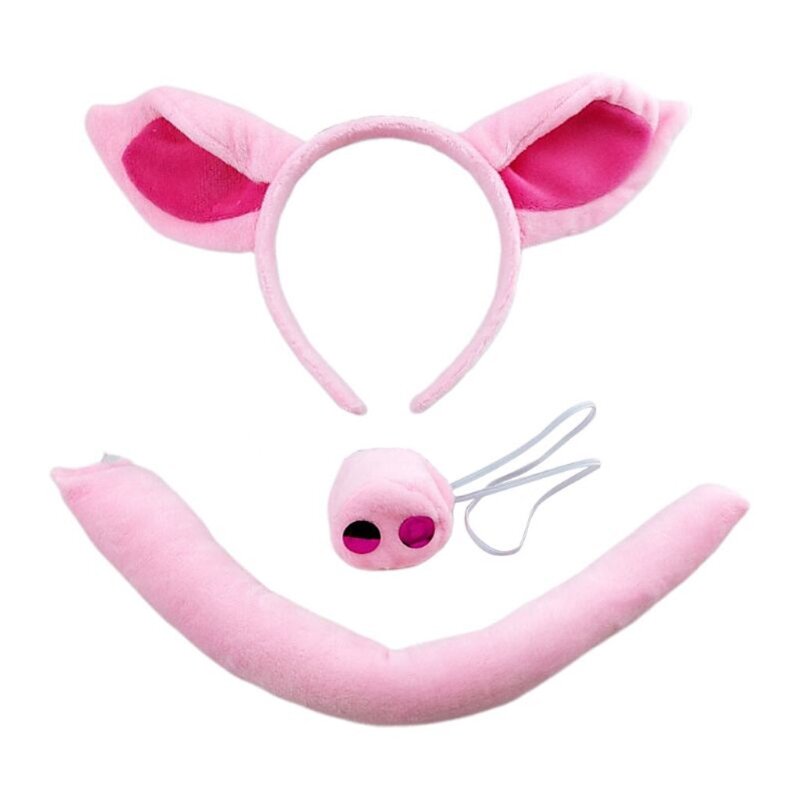 Ikat Kepala Telinga Babi Super Lembut Hiasan Kepala Hewan Halloween Aksesoris Dandanan Pink Piggy Head Hoop Set Alat Peraga Cosplay