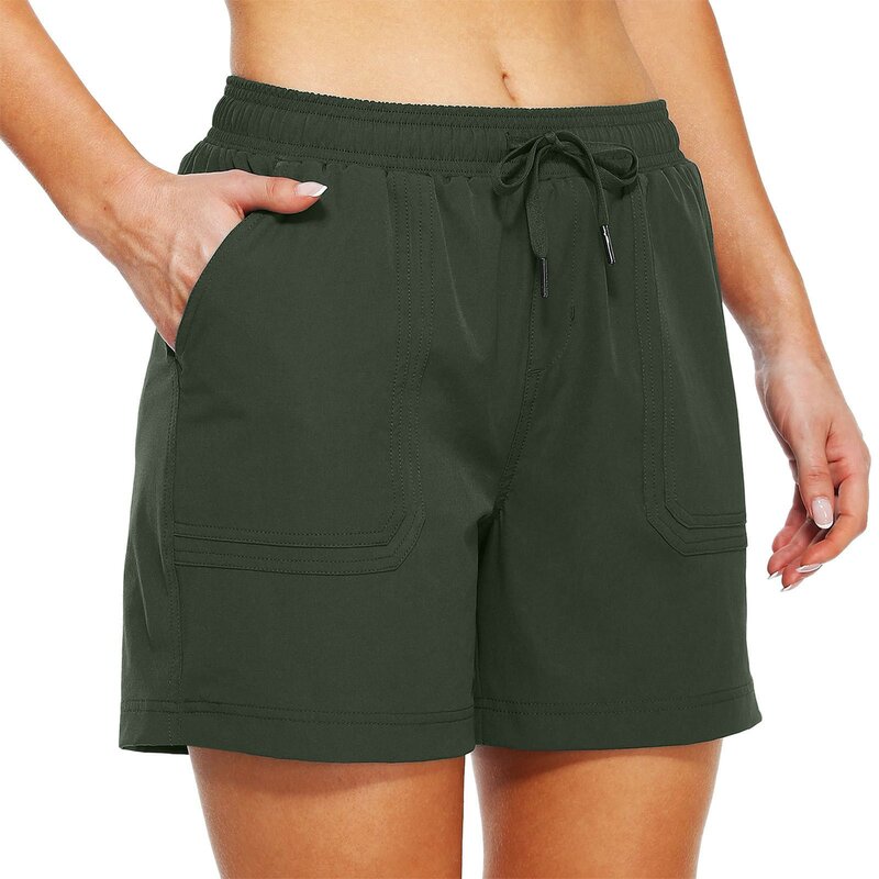 Shorts de treino seco rápido para mulheres, cintura elástica alta, bolsos, curto casual, shorts de rua femininos soltos e macios, verão, 2024