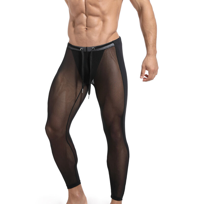 Calça comprida masculina fina transparente de nylon, roupa íntima sexy para homens, legging justa, calça justa para ginástica e sono