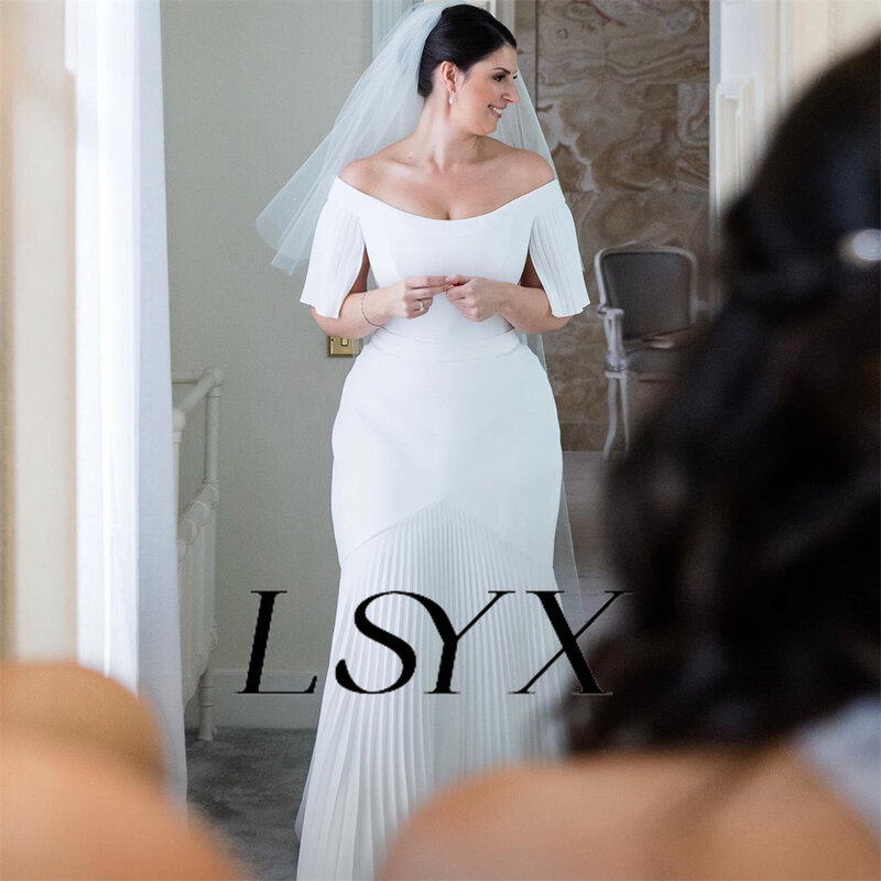 LSYX-vestido de novia plisado para mujer, prenda de crepé con cuello de barco, longitud hasta el suelo, cremallera trasera, hecho a medida