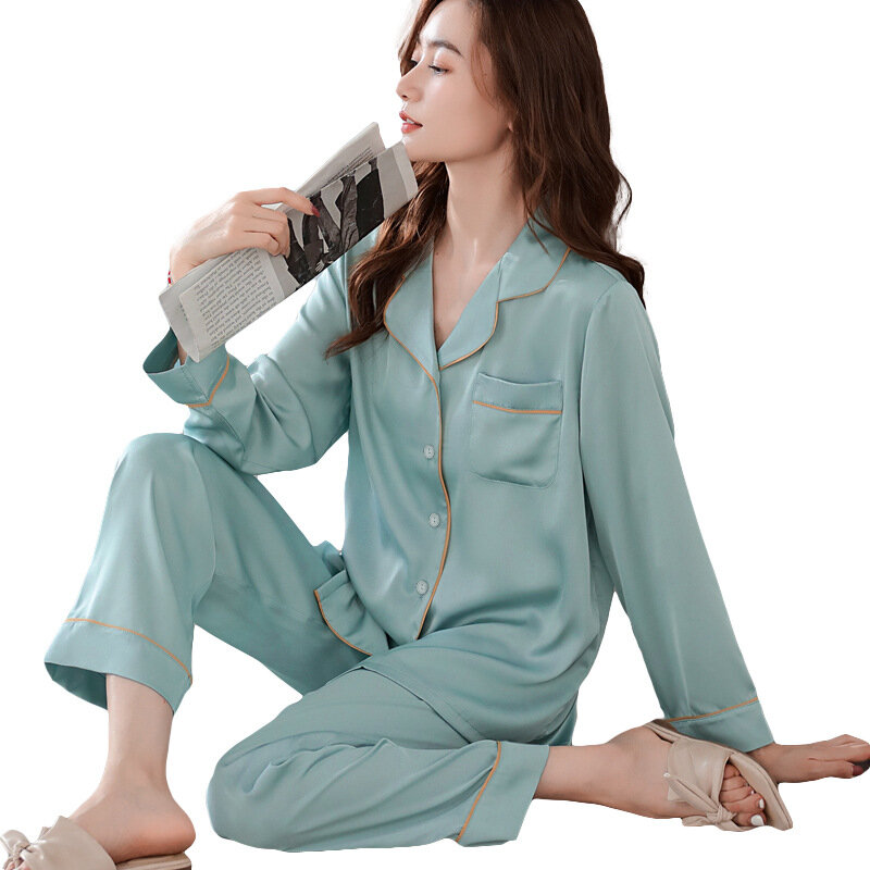 Пижамный комплект Женский из двух предметов, атласная пижама на пуговицах, одежда для сна из искусственного шелка с длинным рукавом, домашняя одежда, весна-осень