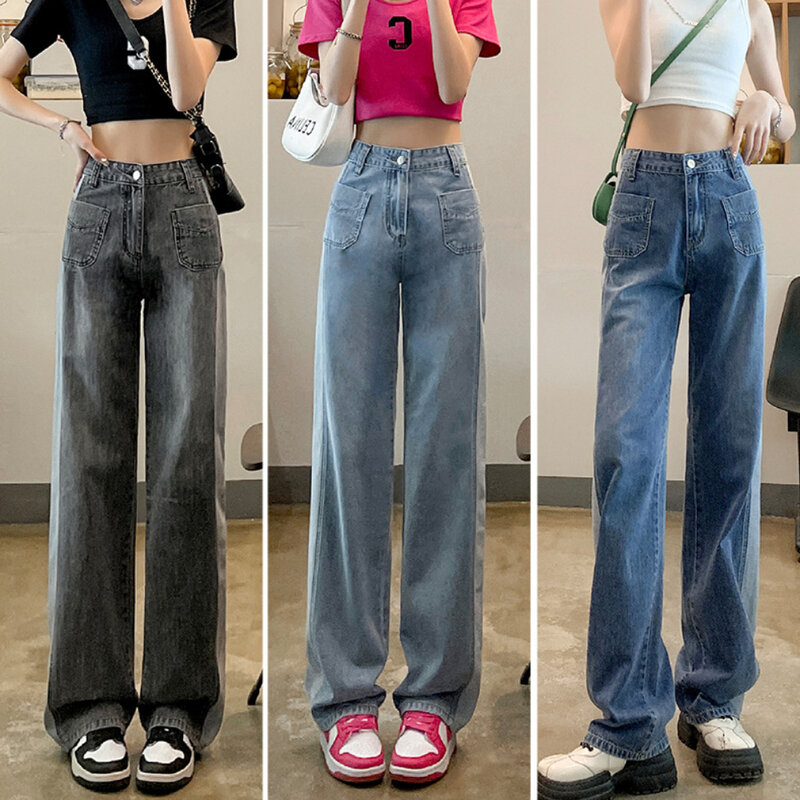 Jeans Panjang Lantai Kaki Lebar Pinggang Tinggi Jeans Pacar Musim Gugur Musim Dingin Kaki Lurus Longgar Bulu Domba Wanita untuk Wanita Warna Kontras