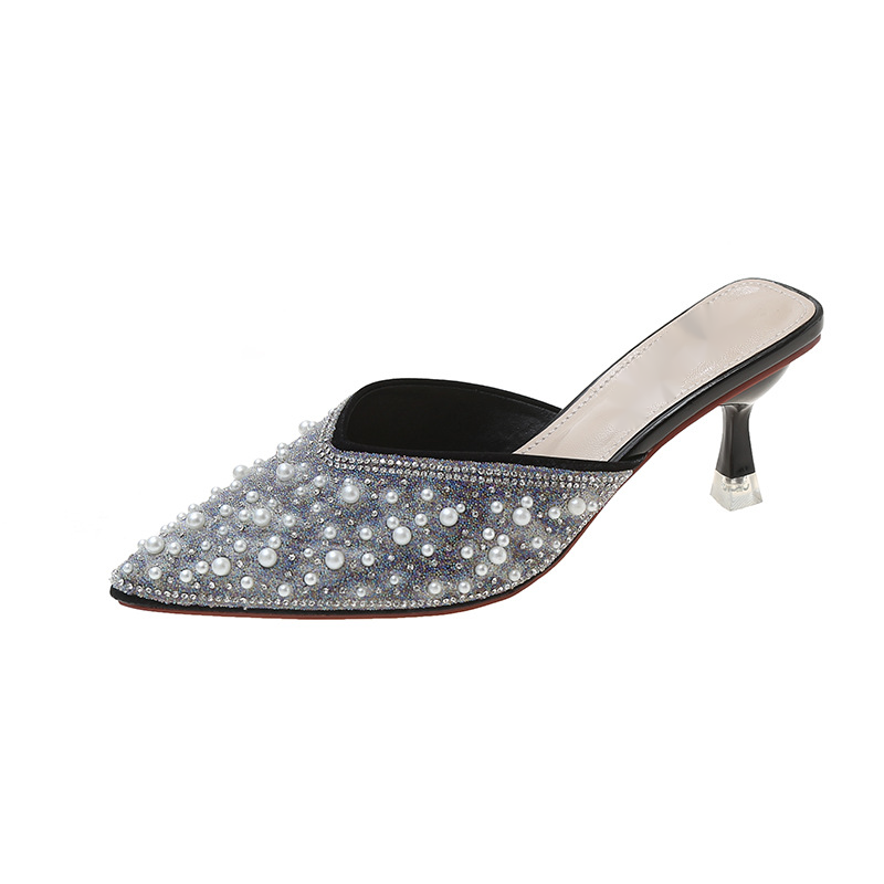 Sexy pointed full diamond slippers for women in spring/summer 2024 fairy style, pearl headband wearing high heels on the outside