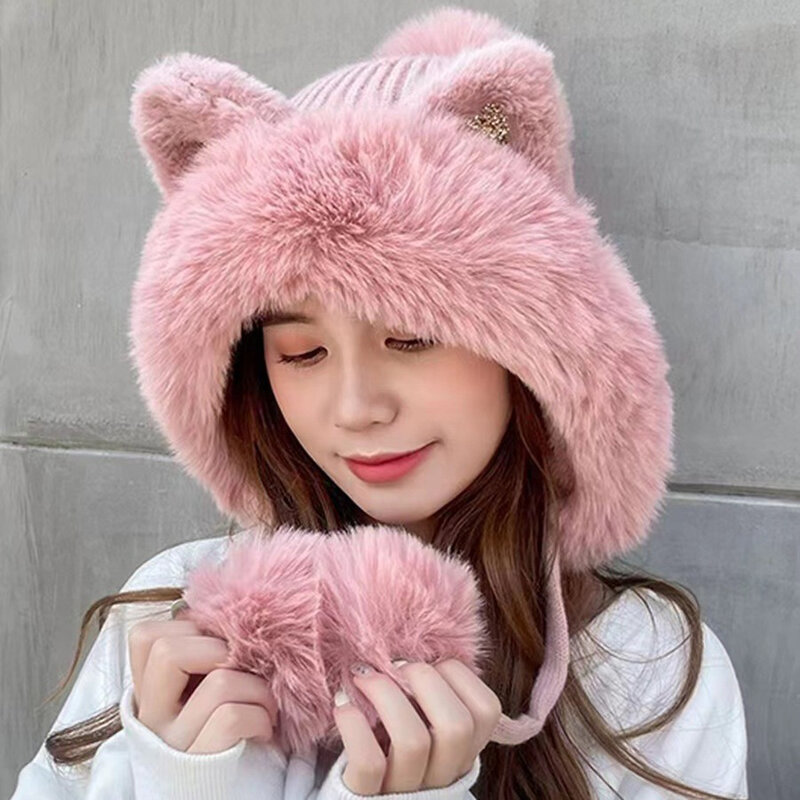 Women Winter Plush Cat Ear Hat Cartoon Ski Cycling Bonnet Thick Fluffy Fur Beanies Hat Protection Girls Earmuffs Caps Headwear