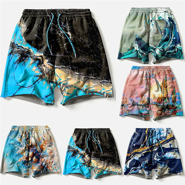 Pantalones cortos de baño para hombre, bañador con cordón, estampado gráfico de ondas, barco, secado rápido, informal, Hawaiano, vacaciones, novedad