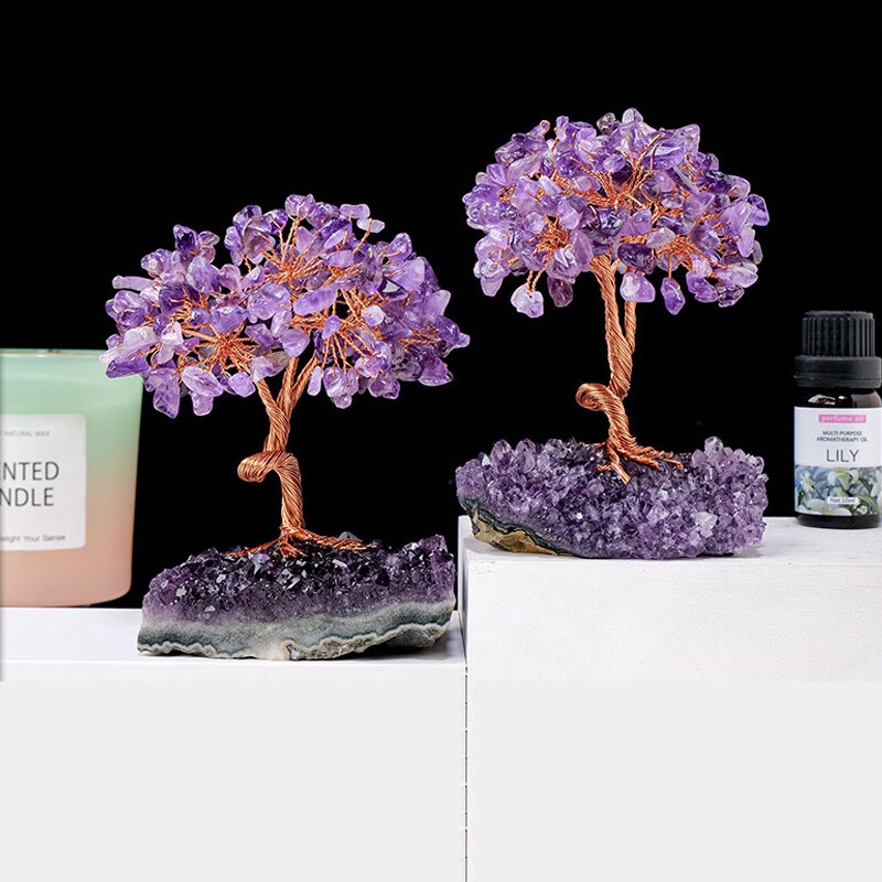 Natural Amethyst Cluster Base Crushed Stone Money Tree Handmade Woven Amethyst Flower Tree Home Handicraft Ornaments