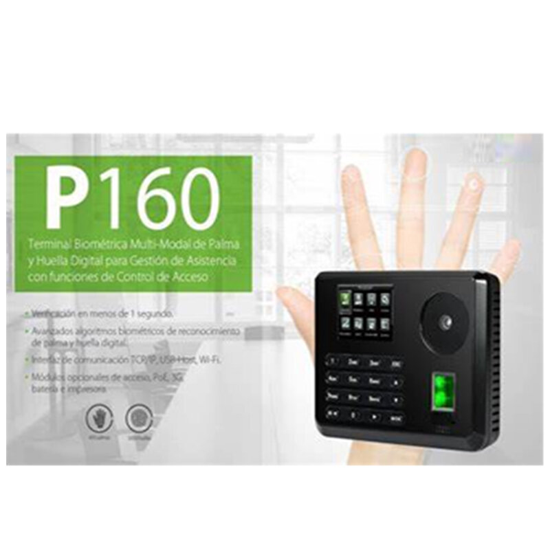 Reloj de hora de asistencia P160 con TCP/IP, USB, RS232/485, biométrico, grabadora de tiempo de huellas dactilares, asistencia de empleado