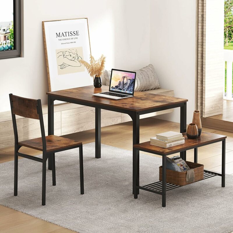 4 Piece Dining Table Set, Dining Room Set, Kitchen Dinner Table with Benches for 4, Includes Table, 2 Chairs & Bench