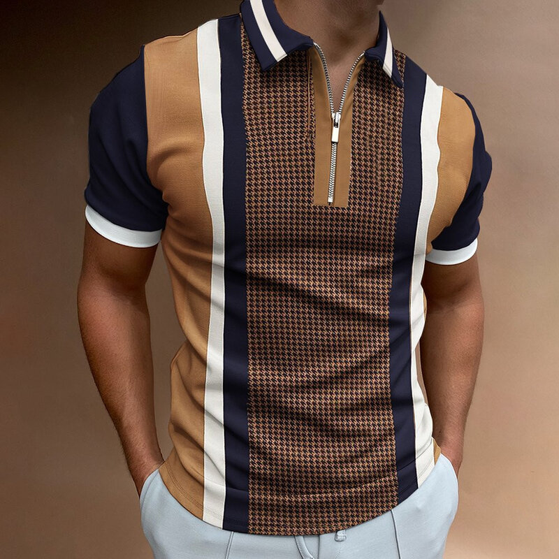 2022 Summer Men's High Quality Polo Shirt Casual Streetwear Stripe Print fashion Polo Shirts Men Tops Brand Short Sleeve Zipper
