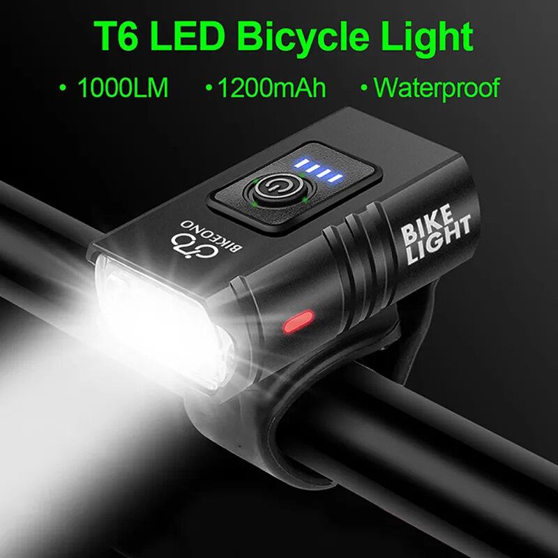 Faro de bicicleta T6 de 1000 lúmenes, linterna LED recargable por USB, aleación de aluminio, luz de carretera, accesorios bajos para ciclismo