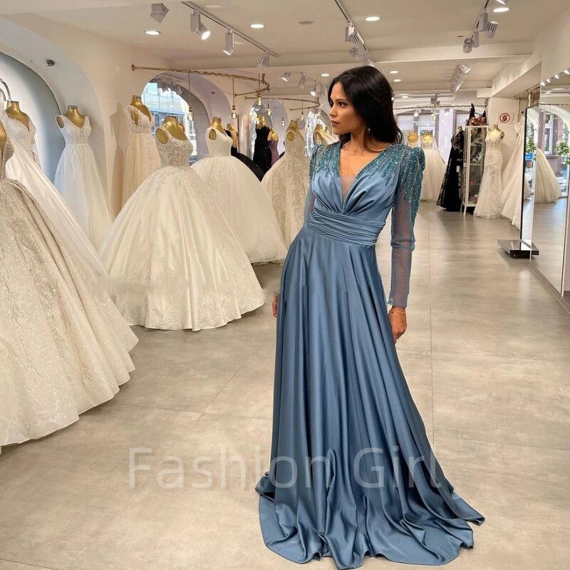 Sexy Blue Prom Evening Dresses V-Neck Long Sleeves Party Dress Beading Floor Length Saudi Arabia Cocktail Gowns Plus Size