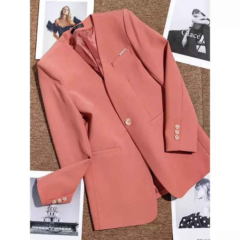 Blazer feminino de manga comprida com decote em v, senhoras do escritório, jaqueta feminina, rosa amarela, outono, inverno