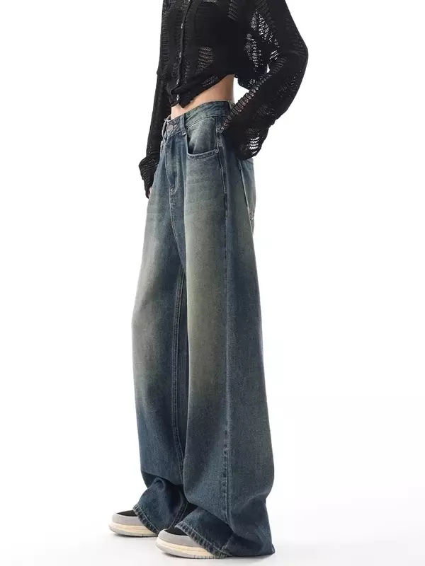 Autumn New Fashion Design Women's Loose Wide Leg Pants American Casual YK2 Retro and Unique Washed Women Blue High Waist Jeans