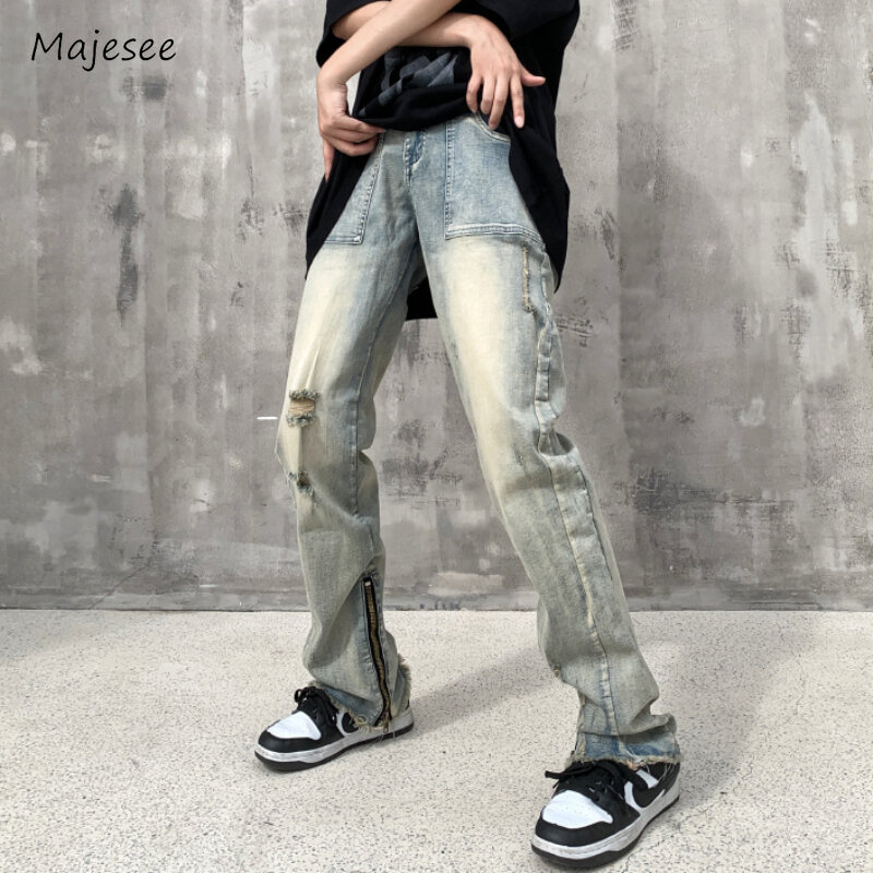 Celana panjang Jeans pria, celana panjang lurus lubang gaya Eropa Vintage, desain modis jalanan tinggi dicuci cantik muda nyaman cocok untuk semua