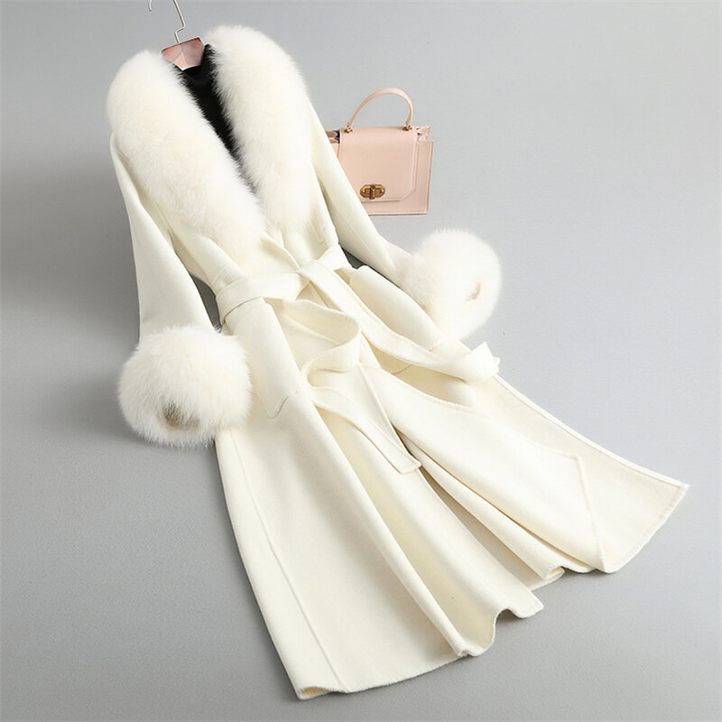 Aorice kobiety luksusowe zimowy płaszcz futrzany wełniany płaszcz Femal kołnierz z futra lisa płaszcze pani długi ponad rozmiar Parka wykop CT2133