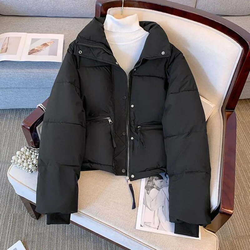Jaqueta puffer de manga comprida acolchoada em algodão feminina, gola grossa, tops de inverno, casaco curto, moda coreana, nova, 2022
