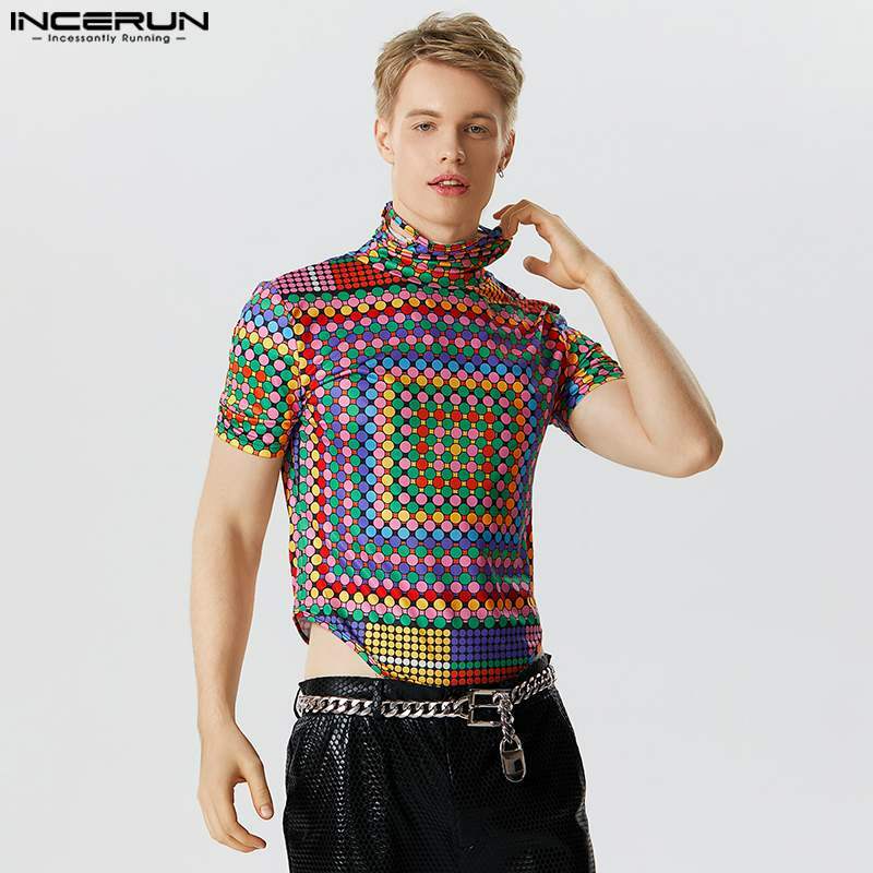 Sexy Homewear Bodysuits INCERUN Men Fashion Ear Hanging High Neck Rompers Casual Male Funny Printed Short Sleeve Jumpsuits S-5XL