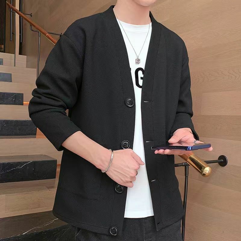 Autumn and Winter New Temperament Versatile Commuter Men's Clothing Splice Pockets Button V-Neck Long Sleeve Solid Color Sweater