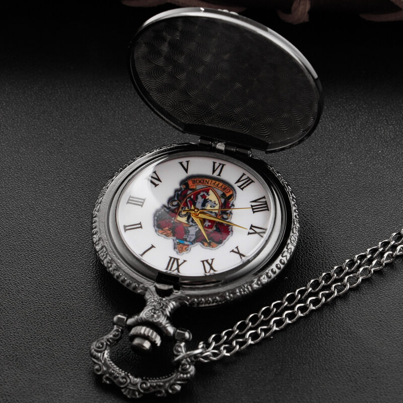 NEW Steampunk Black College Logo Embossed Quartz Pocket Watch Fashion Charm Fob Watch Necklace Pendant with Chain Gift