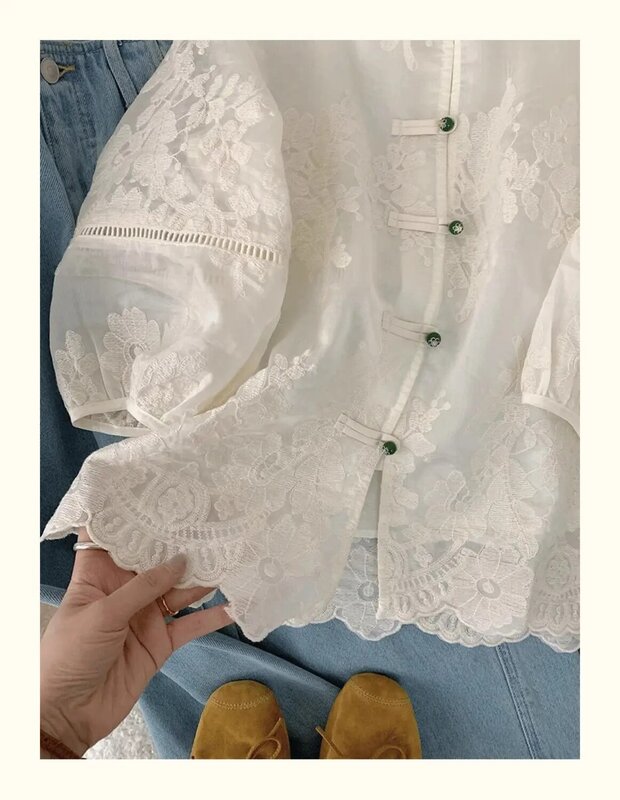 Blusa chinesa bordada feminina, botão de renda, gola em pé, manga lanterna vintage, tops soltos da moda, camisa Grace, 2024