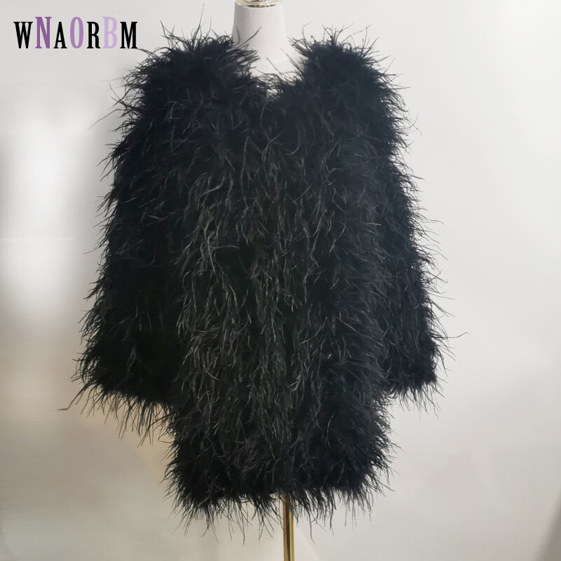 Real ostrich feather 85CM long coat real fur coat casual long sleeve imported fur ostrich feather jacket women's warm coat