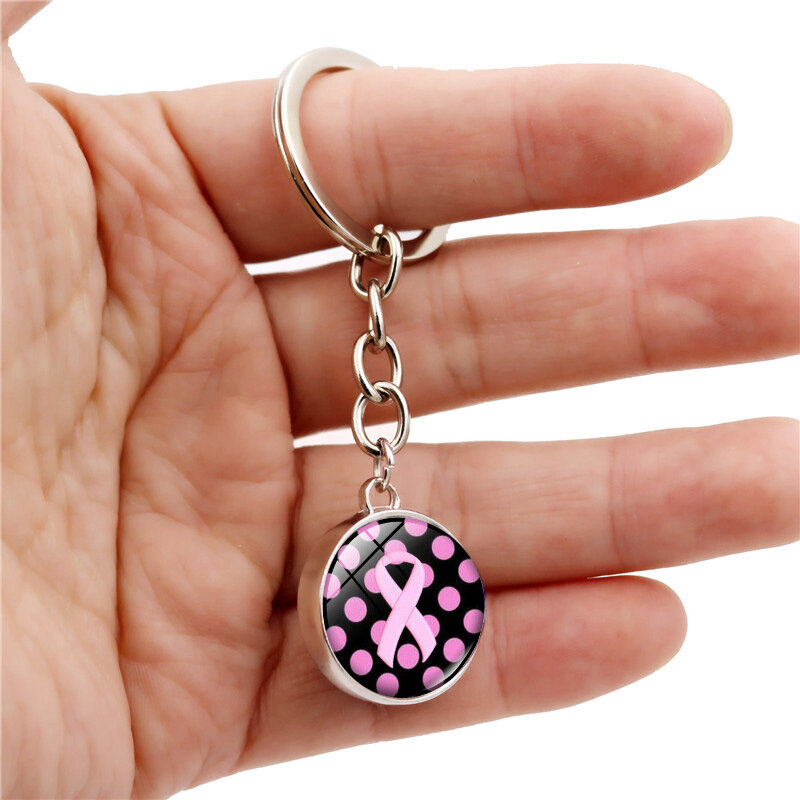 Pink Ribbon mama câncer chaveiro, dupla face vidro bola pingente, metal jóias acessórios, novo produto
