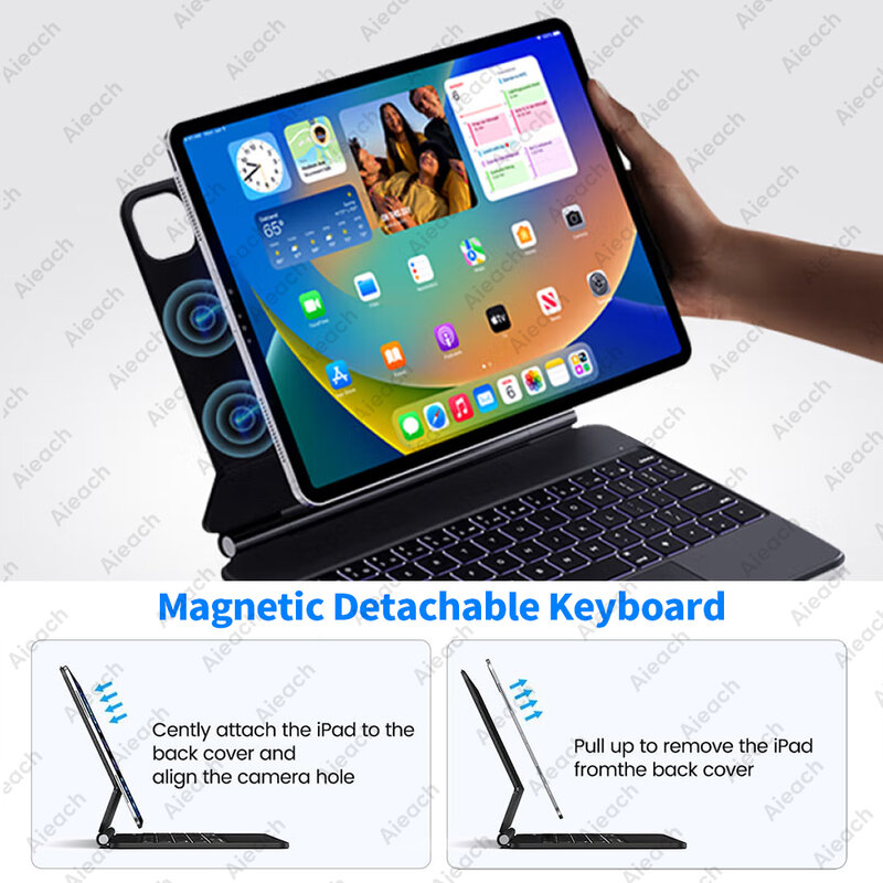 Keyboard ajaib untuk iPad, Keyboard Bluetooth portabel, lampu latar Arab Portugis, Keyboard untuk iPad generasi ke-10 Pro 11 Air 4 5