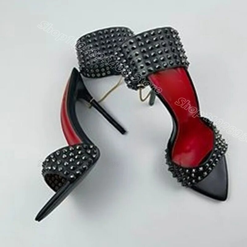 Sandal Stiletto dekorasi keling hitam mode Solid ujung terbuka sepatu pesta wanita gaun gaya Inggris Musim Panas 2024 Zapatos Para mujue