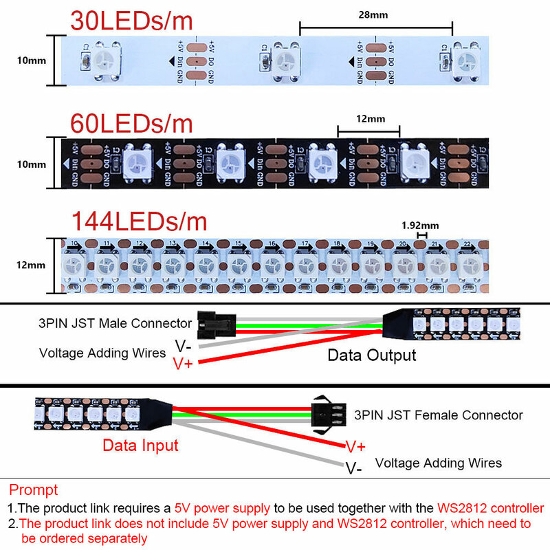 Tira de luces Led 5050 RGB direccionable individualmente, luz de píxel inteligente, negro/blanco, PCB IP30/IP65/IP67, DC5V, WS2812B, WS2812, 30/60/144led/m