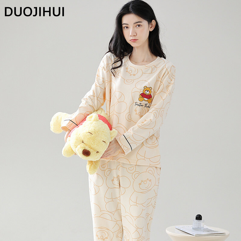 DUOJIHUI-Conjunto de pijama solto para mulheres, pulôver clássico com decote em O, pijama feminino casual, calça básica, impressão simples, moda, outono
