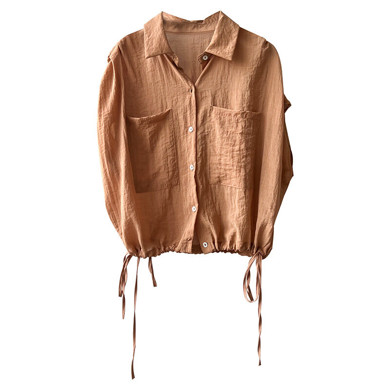 Camisa de manga corta con cordón para mujer, ropa de estilo francés, solapa, manga de burbuja, Color sólido, informal, 2024
