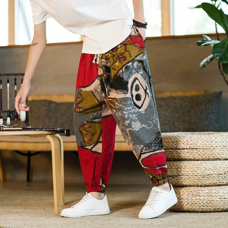Męskie spodnie w stylu bohemy drukowane spodnie w japońskim stylu Harajuku w stylu Streetwear mieszanka lnu i bawełny w chińskim stylu mody Bloomers Nepal