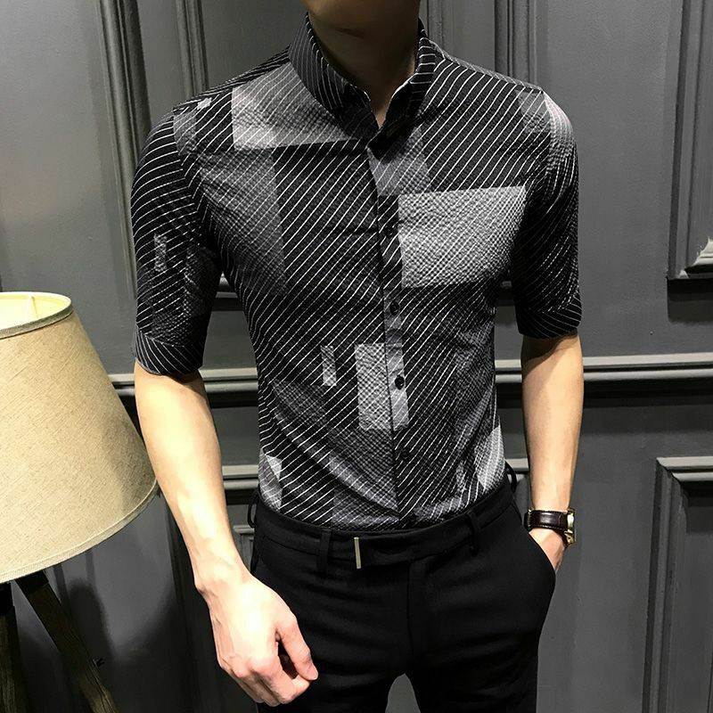 Camisa masculina de botão lapela estampado três quartos, design coreano simples na moda, luxo respirável blusa fina, nova, primavera, verão
