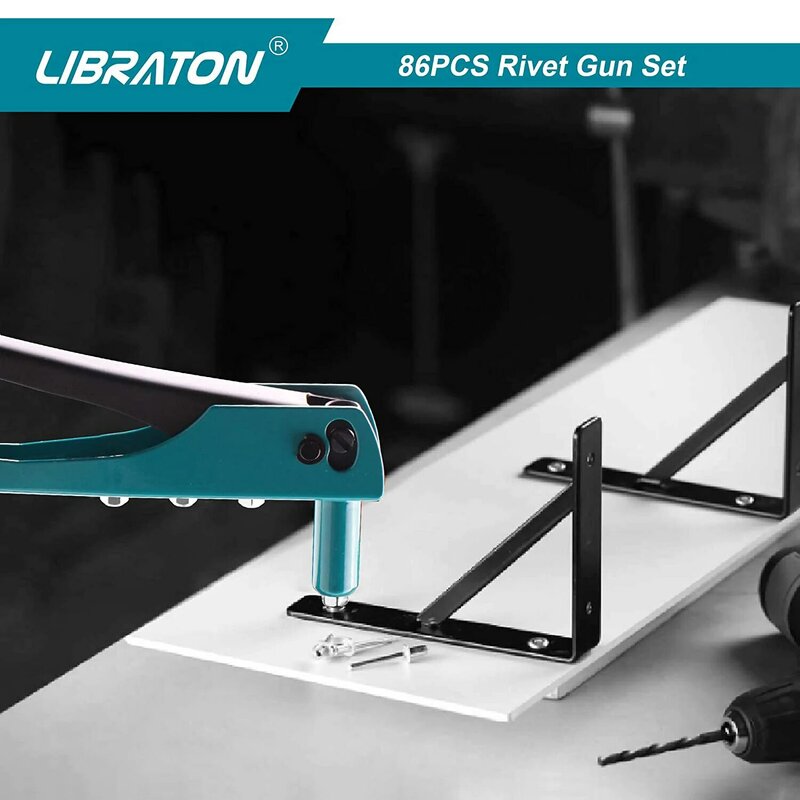LIBRATON Rivet Gun Rivet Gun Kit Pop Rivet Gun 80PCS Metal Rivets 4 Drill Bits Heavy Duty Hand Riveter Rivet Gun Tool for Metal