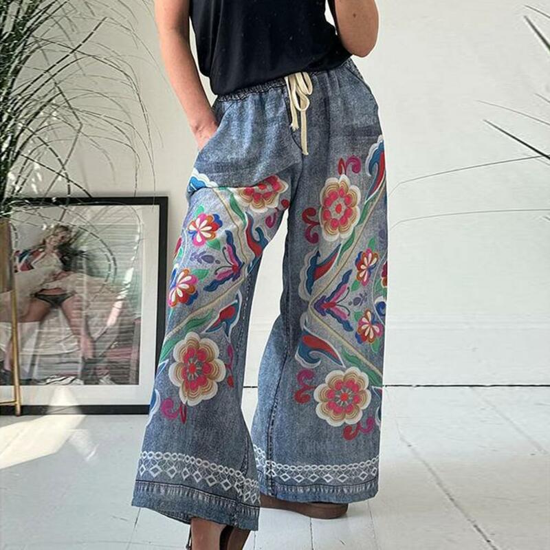 Calças jeans com cordões para mulheres, design estampado exagerado, calças de pernas largas, cintura elástica com bolsos, imitação