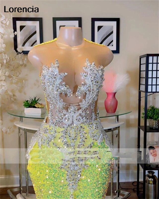 Lorencia Sparkly Yellow Sequin Mermaid Prom Dress For Black Girls Applique Beads Crystal Formal Party Gown Robe De Soiree YPD86