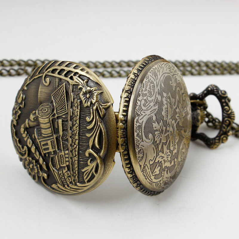 Bronze Vintage Quartz Pocket Watch Train Locomotive Engine Pendant Necklace with Chain Best Gifts for Men Women
