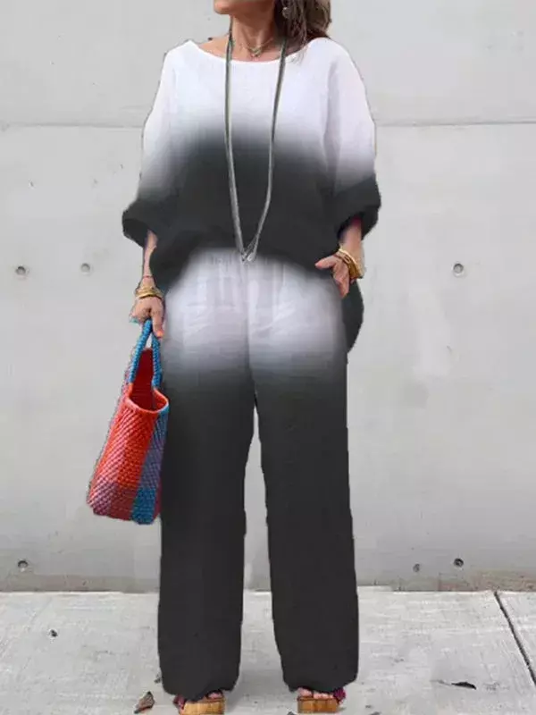 Kobiety Retro Gradient Print Bawełniany lniany zestaw wypoczynkowy O Neck Top Pullover + Spodnie z szerokimi nogawkami Stroje z długim rękawem Luźny 2-częściowy zestaw piżam
