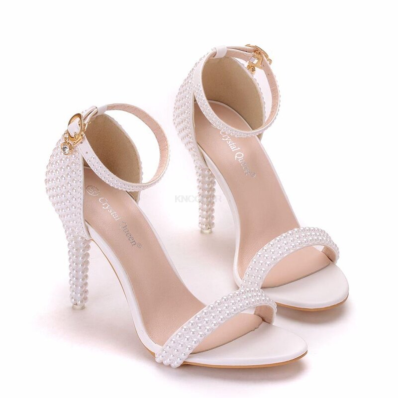 Sandalias de tacón alto fino blanco para mujer, zapatos de vestir de fiesta con encaje en el tobillo, Punta abierta, novedad