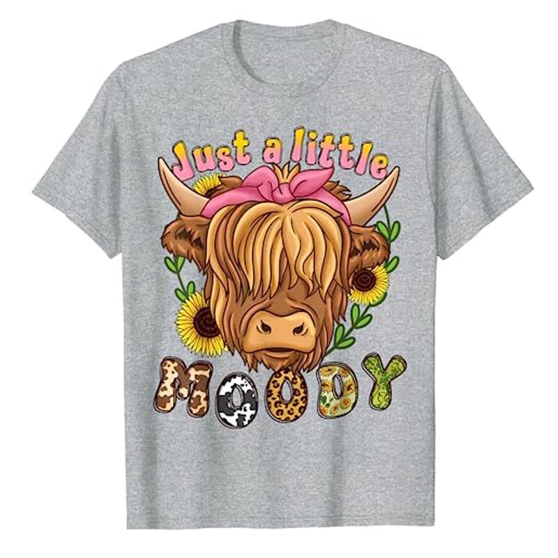 Camiseta escocesa feminina de vaca das montanhas, adorador de animais fofo, estampa floral, camiseta gráfica, blusas de manga curta, na moda