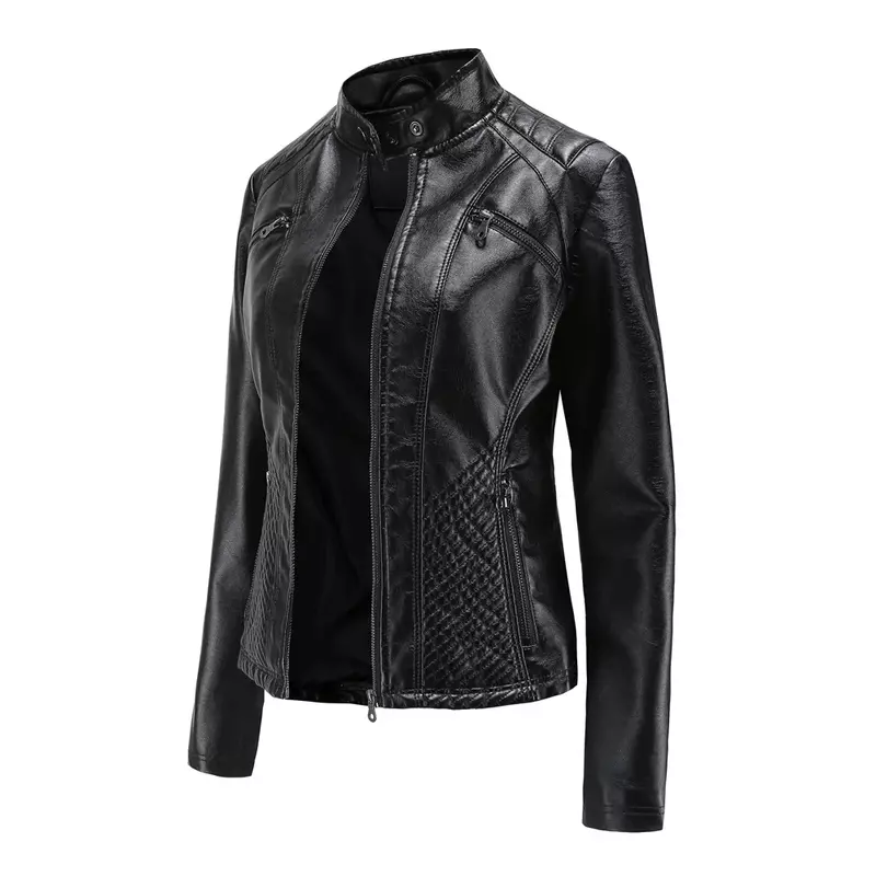 Женское пальто, модная трендовая простая осенне-зимняя мотоциклетная куртка из искусственной кожи на молнии с аналоговым воротником для женщин