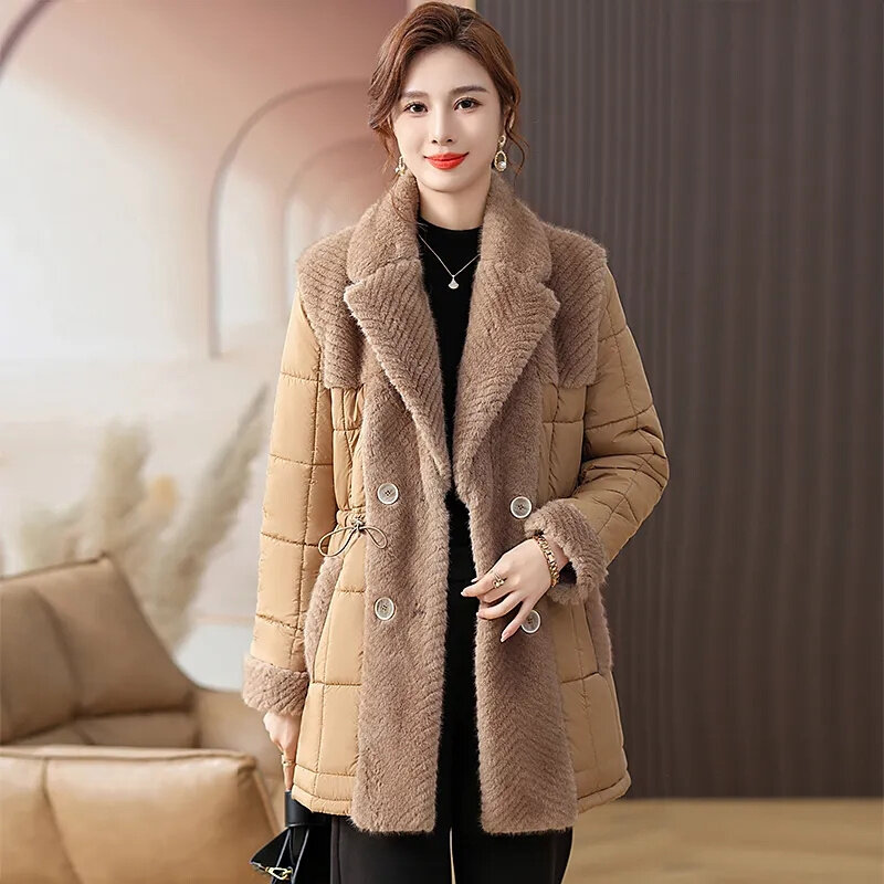 Streetwear Women's Winter Coats Fur Patchwork Cotton-padded Jacket Double-breasted Turndown Collar Long Parkas Slim Overcoat