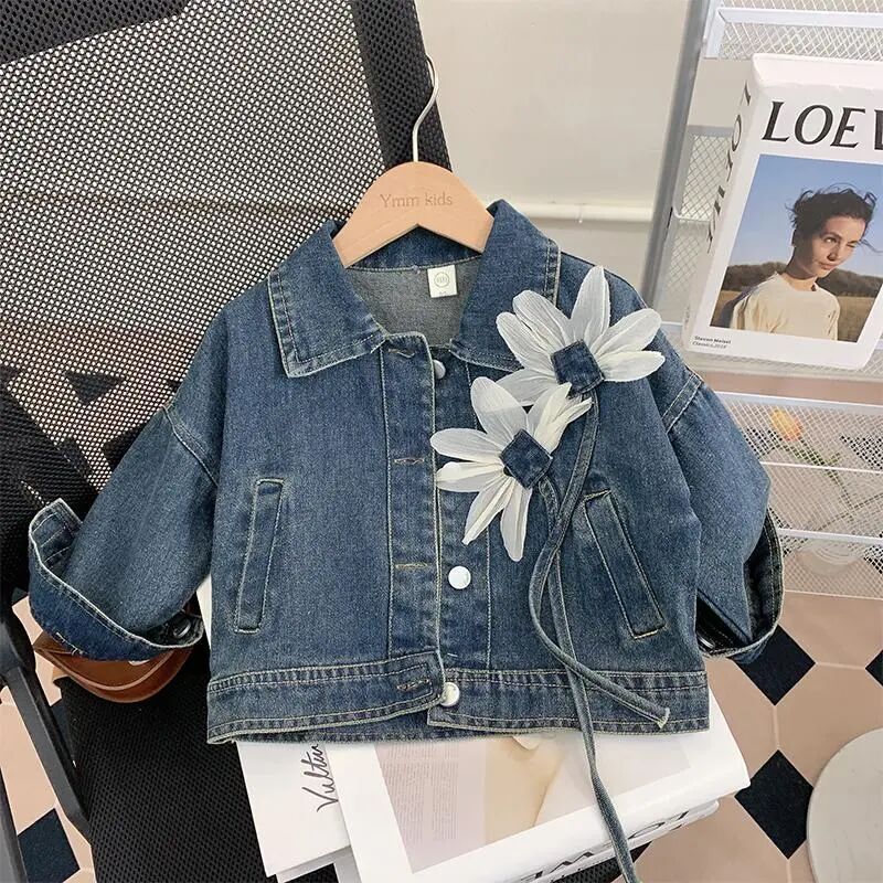 용수철 가을 어린이 데님 재킷, 여아용 꽃 자수 코트, 어린이 외투, 찢어진 청바지 재킷, 새로운 패션