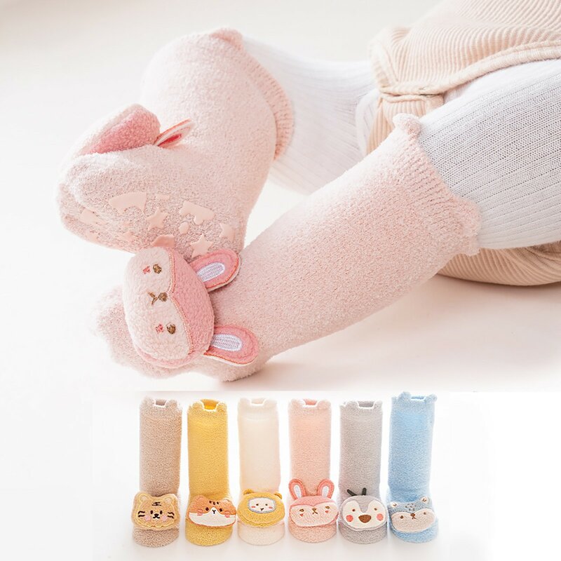 Осенне-зимние утепленные детские носки из кораллового плюша с мультяшными животными, нескользящие носки-тапочки для младенцев, носки для новорожденных