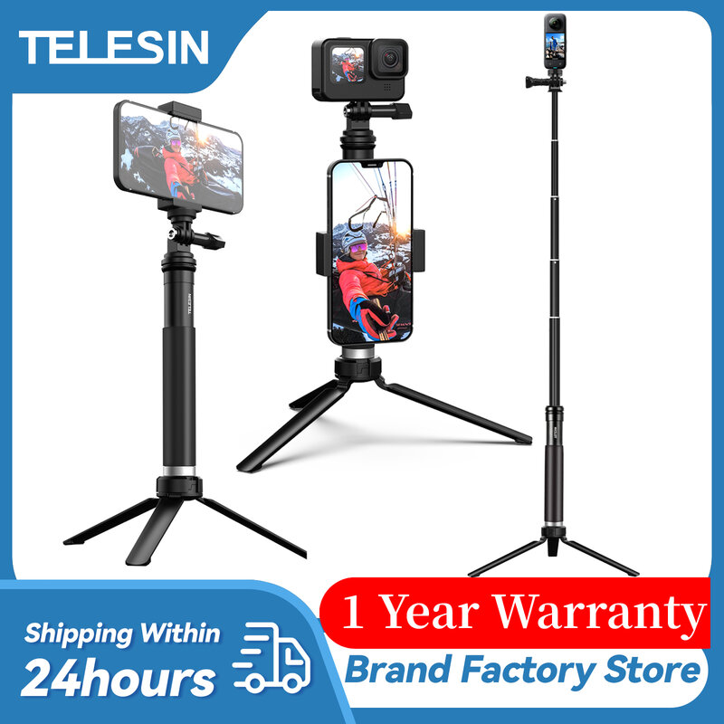 TELESIN-Palo Selfie de 90cm con trípode de aleación de aluminio para Gopro Hero 12, 11, 10, 9, 8, 7, 5, Action 3 DJI Osmo, cámara de acción, teléfono inteligente