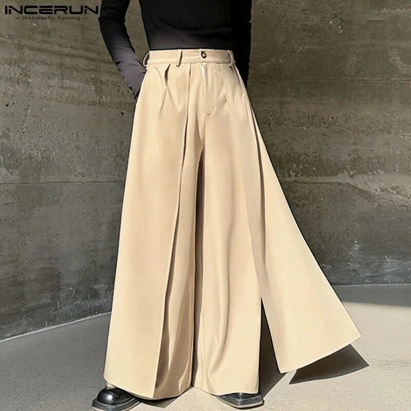 INCERUN 2024, брюки в Корейском стиле, новинка, мужские широкие брюки с имитацией двух частей, свободная однотонная удобная юбка, брюки