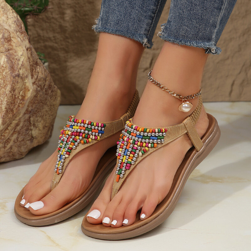 Roman Sandals Women's 2024 Summer Colorful Bead Decoration Flat Bottom Comfortable Clip Toe Bohemian Beaded Sandals